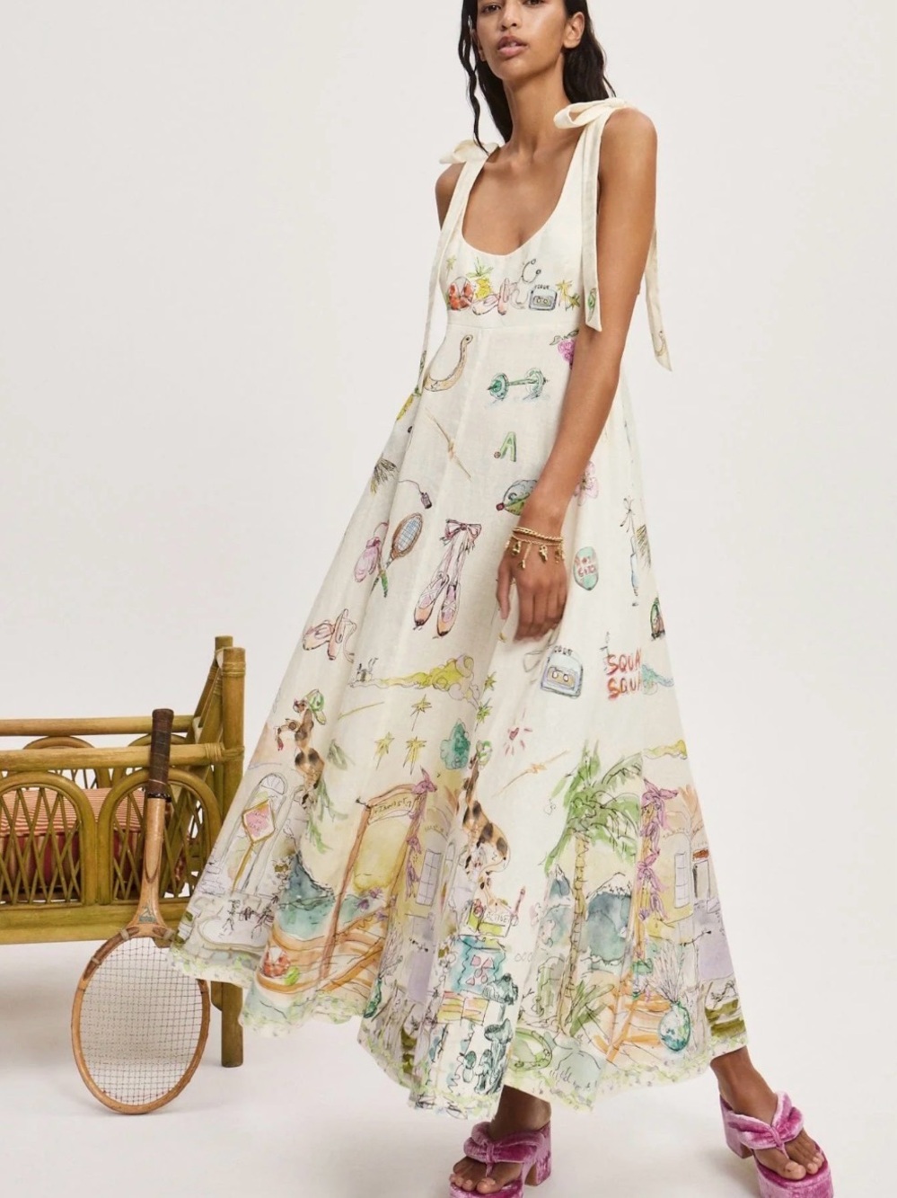 Alemais Cream Maxi Dress with Multicolor Sketch Print